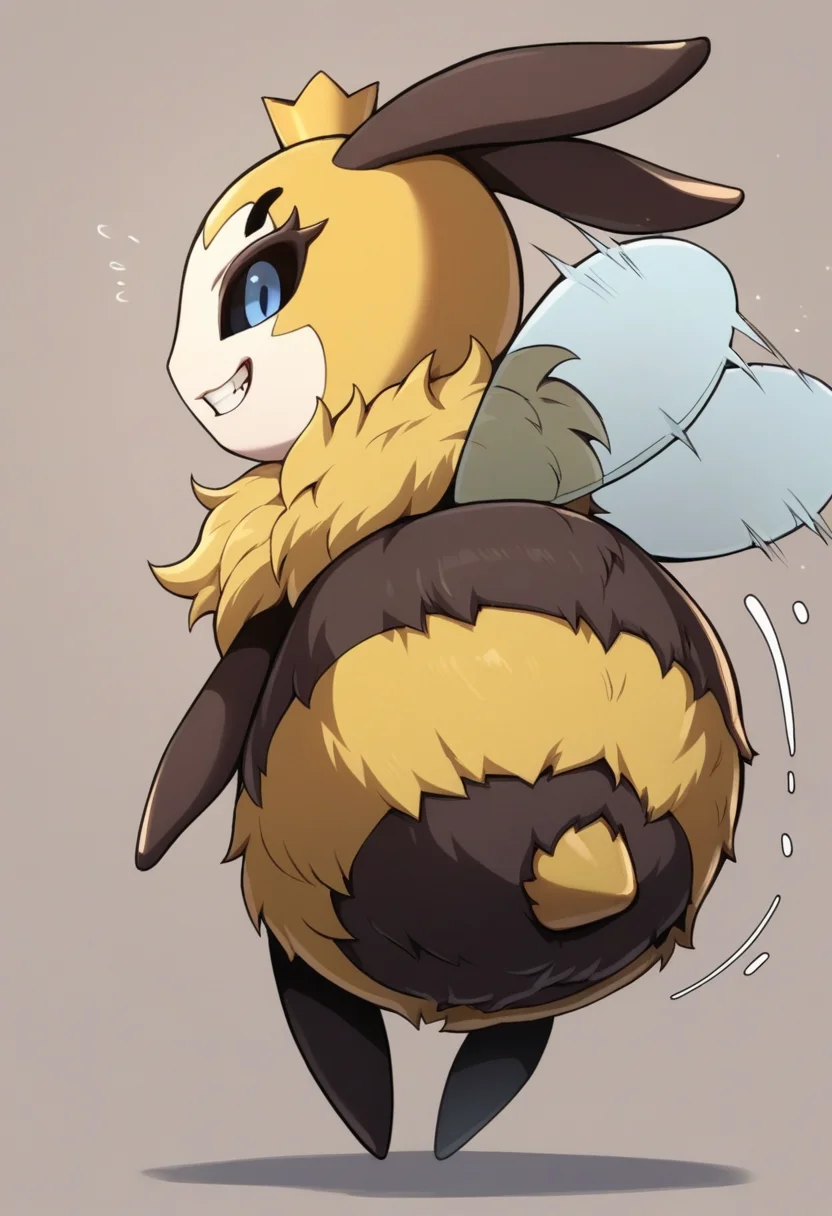 score_9, score_8_up, score_7_up, solo , <lora:add-detail-xl:3>,
BREAK
<lora:Bee_Queen:0.8>, monster bee, pokemon (creature), bug, blue eyes, mini crown, from behind, looking back, shaking ass, motion lines, grin,,