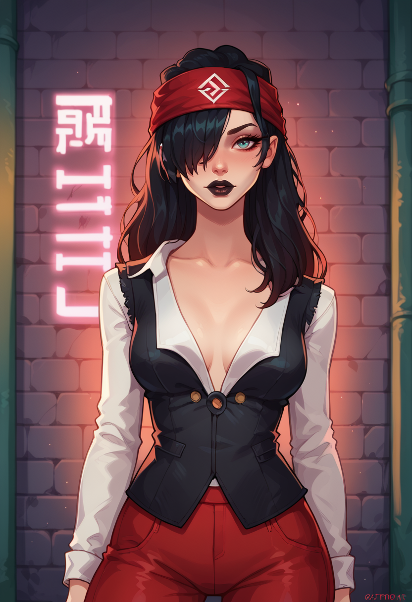 score_9, score_8_up, score_7_up, 1girl, solo, SulfS-PatR2, long hair, black hair, red headband, 
city streets, standing, front view, white shirt, black vest, red pants, black lipstick, hair over one eye, upper body, leaning on wall, red neon, modern clothes,
<lora:Patty_Steelbeard_Character__Outfit_-_Risen_2_Dark_waters:0.8>,  <lora:g0th1c2XLP:0.8> g0th1c, glowing, neon lights,   <lora:Toke_Style_XLP:1> toke_style,