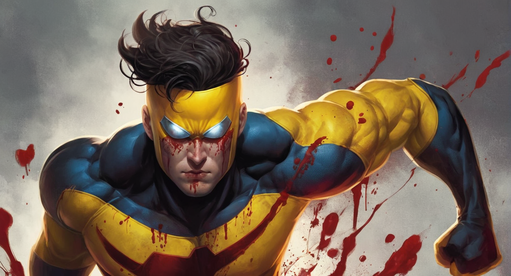 concept art of  <lora:Invincible:1.5>
Invincible a man with a bloody face and a yellow superhero costume, digital artwork, illustrative, painterly, matte painting, highly detailed