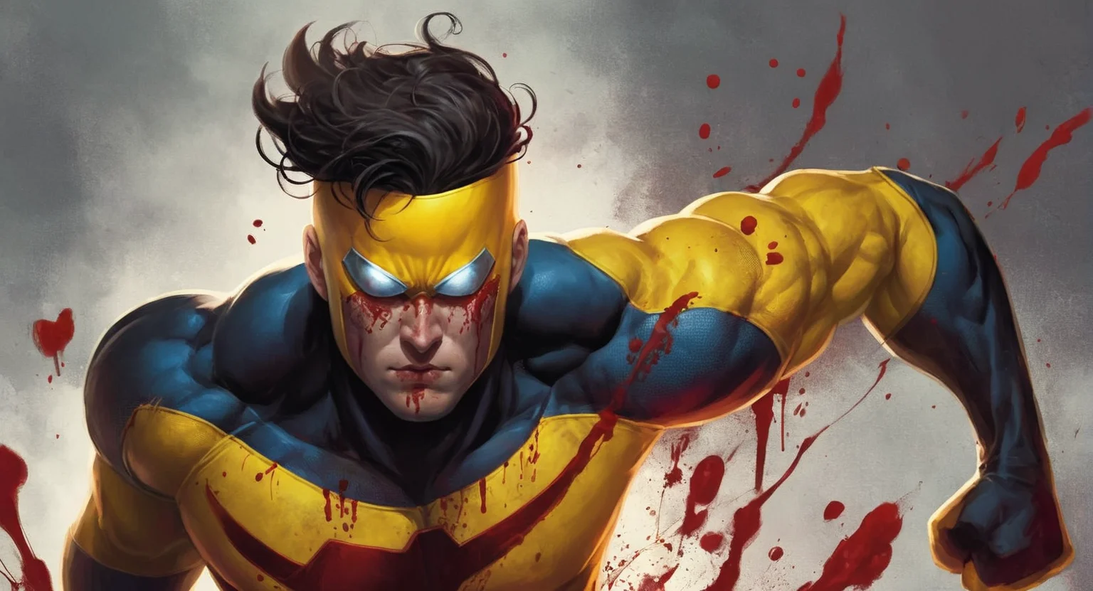 concept art of <lora:Invincible:1.5>
Invincible a man with a bloody face and a yellow superhero costume, digital artwork, illustrative, painterly, matte painting, highly detailed