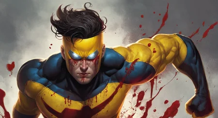 concept art of  <lora:Invincible:1.5>
Invincible a man with a bloody face and a yellow superhero costume, digital artwork, illustrative, painterly, matte painting, highly detailed