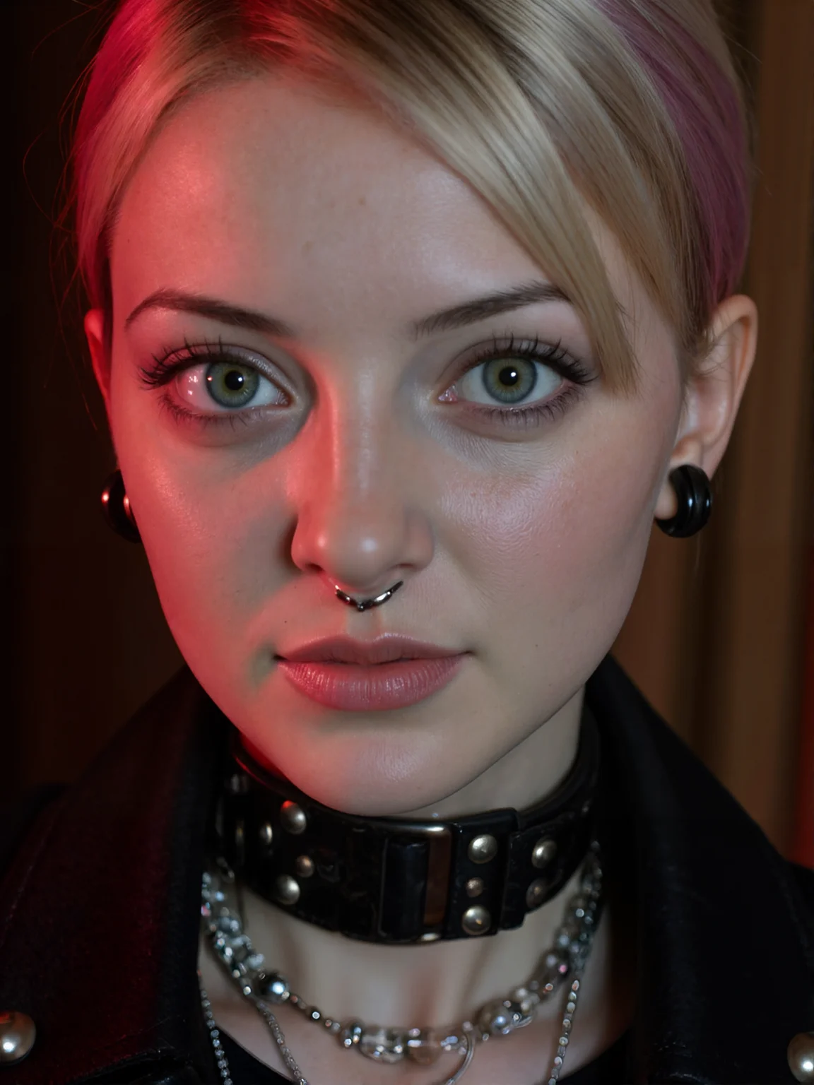 A close-up shot shows a 18 y.o woman with fair skin looking directly at the viewer. Her hair is short with shaved sides and longer hair on top that is dyed pink and blonde. She has dark eyebrows and dark eyes. Her nose is pierced with a silver septum ring, and her lower lip is pierced with two silver studs. Her right ear has multiple piercings, including a black tunnel plug in the lobe and several silver studs and hoops along the helix and antihelix. She is wearing a thick black leather collar with a silver buckle. A thin silver chain necklace is visible beneath the collar. The lighting in the image is dramatic, with a red glow illuminating the left side of her face and collar, while the right side is darker. The background is out of focus and dark, with subtle hints of red and brown.