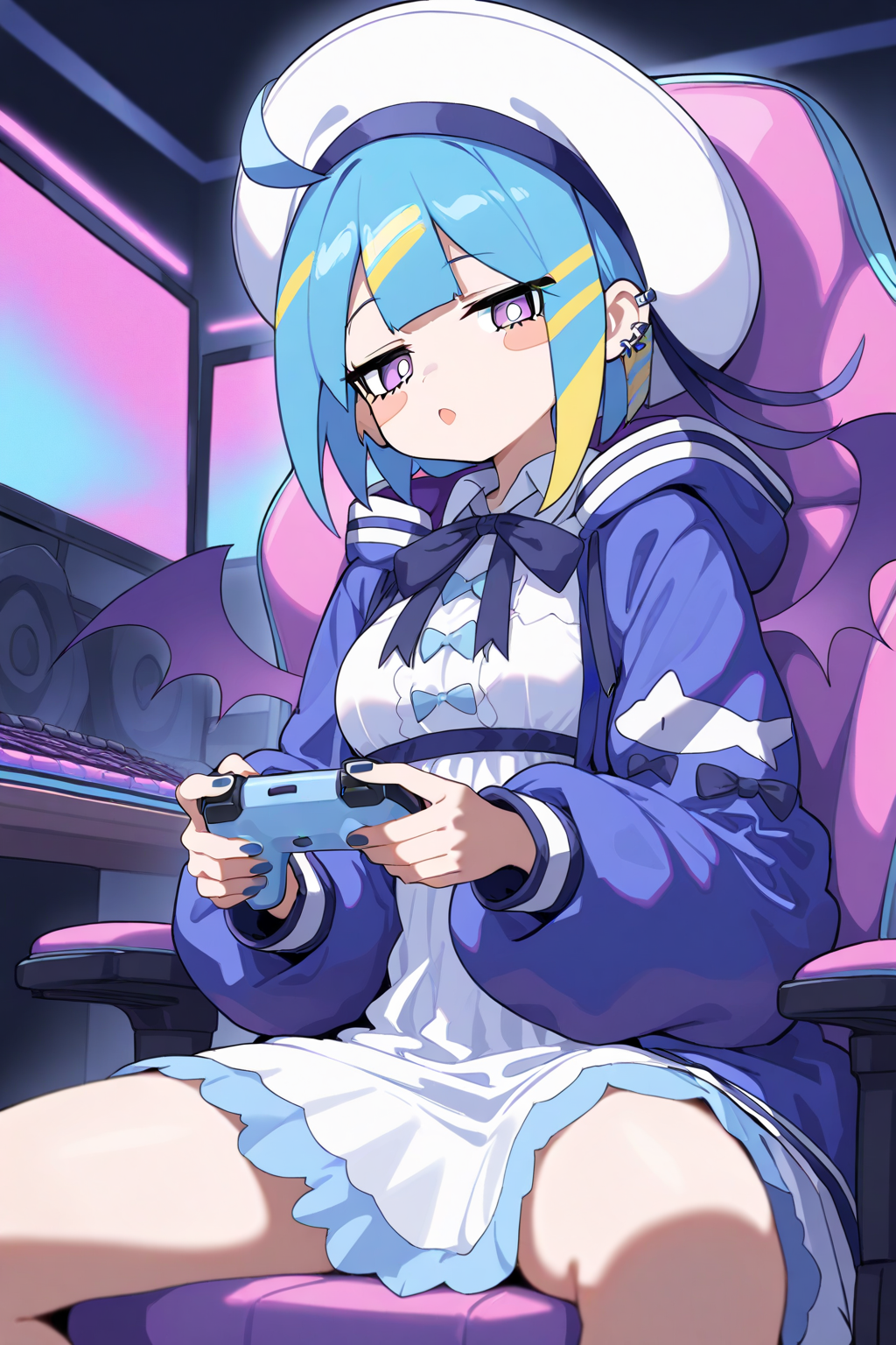 masterpiece, high score, great score, absurdres,
1girl, solo, upper body,
live twin lil-la, live twin lil-la 1st costume,
a charismatic young female game streamer with a playful pop vibe, streaming live with a colorful gaming setup, she holding game controller, sitting gaming chair, dark room and vibrant neon lights and dynamic background, anime style, highly detailed digital illustration, high resolution, energetic and fun atmosphere, depth of field.
short hair,
blue hair, multicolored hair, streaked hair, blonde hair,
gradient hair,
blunt bangs,
sailor hat, hat ribbon, blue ribbon,
jitome, purple eyes,
blush stickers,
multiple earrings, earclip,
sidelocks,
ahoge,
mini wings, purple wings,
blue jacket, hooded jacket,
long sleeves, puffy sleeves,
collared dress, white dress, neck ribbon, breasts,
<lora:kp_LiveTwinLil-laAnimagineXL_v1:1.0>