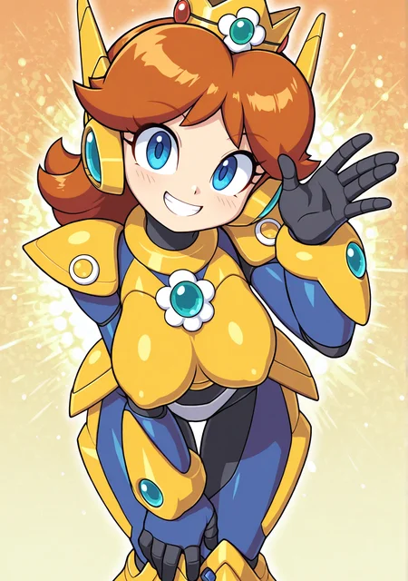 masterpiece,best quality,amazing quality, FMIXF2, XOVER, robot armor, helmet, wrist armor, shoulder armor, chest armor, waist armor, blue jewel, leg armor, robot ears, solo, orange armor, princess daisy, orange hair, large breasts, perky breasts, abstract background, (mega man x:0.6), looking at viewer, smile, :d, grin, hand up, straight on, leaning forward