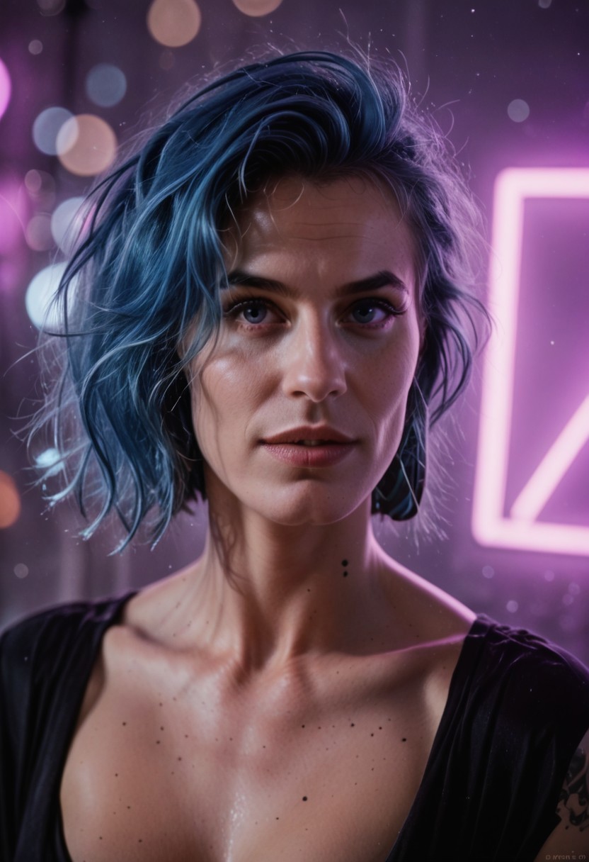 score_9, score_8_up, score_7_up, cyborg, ar3na1989, Kodak Motion Picture Film Style, bignoselady, large nose, aquiline, 1girl, blue hair, (neon purple light), pop singer, (bokeh), sci-fi, dark atmosphere, moody, aesthetic,