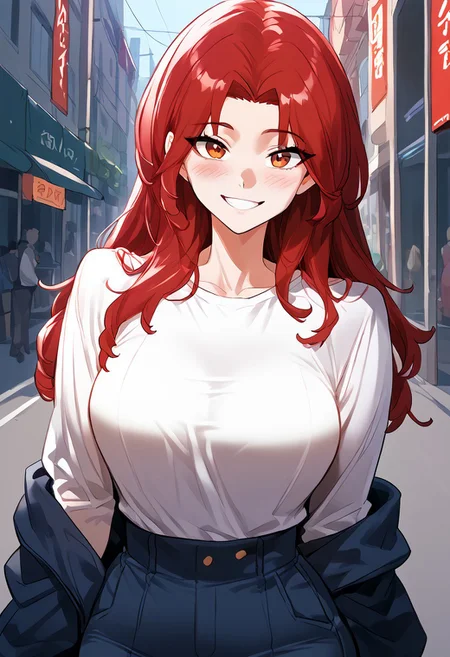 zPDXL3, score_9_up, score_8_up, score_7_up, (Anime_source), 1girl, SoYoomin, red eyes, red hair, long hair, cowboy shot, looking at viewer, smile, light blush, NFSW, red theme,