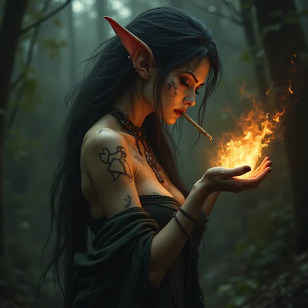 ArsMJStyle, dnddarkestfantasy, Dark Alley Elf  luring the viewer to come behind the dunmpsters, durty clothes scars, (She  cigarette in her mouth ) , she is gathering magical energies with her hands (fire coming out of her palm), (Dynamic Pose)