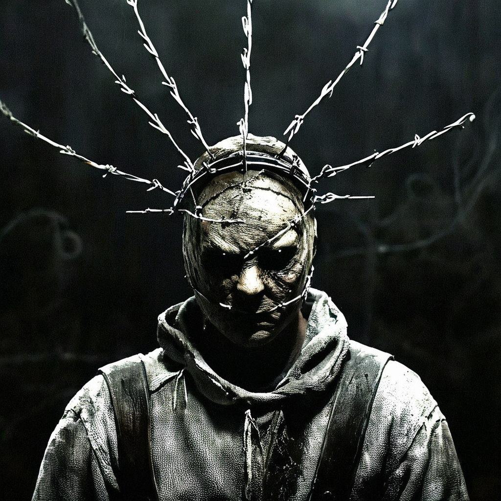 Horror-themed,  <lora:perfection style:0.5> <lora:detailed:0.5> perfection detailed
 <lora:Sairento Hiru style:0.9>
In the mysterious New England town of Silent Hill Monsters and Creatures a closeup of a creepy looking man with a barbed wire around his head,wicked,evil,solo,weapon,sword,armor,no humans,helmet,black background , cinematic, supernatural, horror style, Sairento Hiru style, Eerie, unsettling, dark, spooky, suspenseful, grim, highly detailed