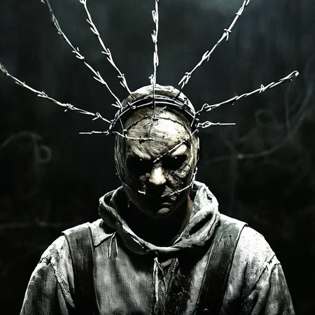 Horror-themed, <lora:perfection style:0.5> <lora:detailed:0.5> perfection detailed
<lora:Sairento Hiru style:0.9>
In the mysterious New England town of Silent Hill Monsters and Creatures a closeup of a creepy looking man with a barbed wire around his head,wicked,evil,solo,weapon,sword,armor,no humans,helmet,black background , cinematic, supernatural, horror style, Sairento Hiru style, Eerie, unsettling, dark, spooky, suspenseful, grim, highly detailed