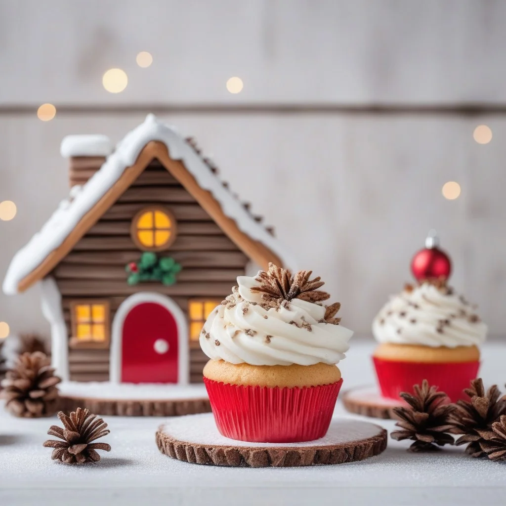 Christmas cupcakes with WHITE frosting and cute GINGERHOUSE on, 
on white wood rustic table, 
Decoration with natural elements, 
twigs, 
pine cones and cookies panorama with magic bokeh lihgts, 
red shiny ornaments, 
snowing