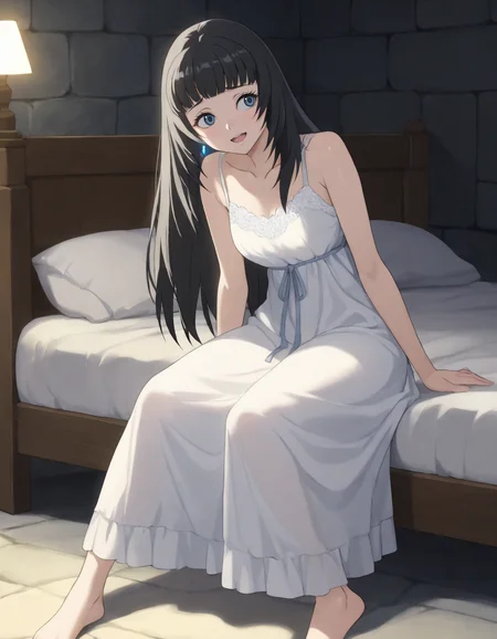 1girl, solo, grimmaria, black hair, blue eyes, long hair, straight hair, short bangs, long white nightgown, sleeveless, full body, sitting, indoors, looking at another, smile, open mouth, shy face, bed, collarbone, white nightgown, simple nightgown, intricate, elegant, glowing light
