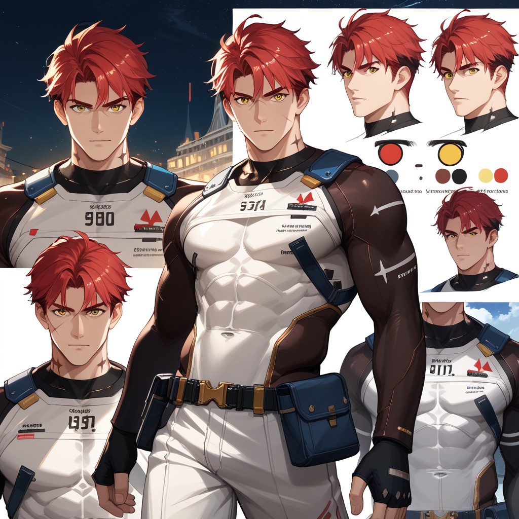 score_9, score_8_up, score_7_up,source_anime, high res image,masterpiece,best quality, shiny hair, perfect_proportion, best anatomy, (zPDXL3), 
BREAK, 
separate faces, different expressions, reference sheet, expressions, multiple views, front view, side view, rear view, countershading, solo, bara, 1boy, adult muscular male, 
BREAK, 
ntspgr, red hair, short hair, yellow eyes, scar on face, neck tattoo, different clothes