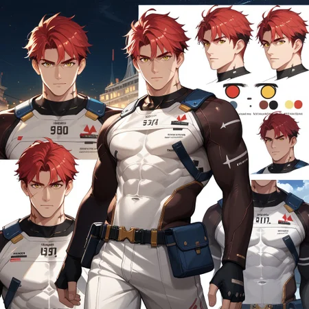 score_9, score_8_up, score_7_up,source_anime, high res image,masterpiece,best quality, shiny hair, perfect_proportion, best anatomy, (zPDXL3), 
BREAK, 
separate faces, different expressions, reference sheet, expressions, multiple views, front view, side view, rear view, countershading, solo, bara, 1boy, adult muscular male, 
BREAK, 
ntspgr, red hair, short hair, yellow eyes, scar on face, neck tattoo, different clothes