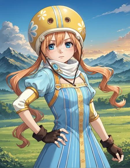 score_9, score_8_up, source_anime, 1girl, upper body, medium shot, detailed, mgrcyukarimiyuri, myrmgc, orange hair, low twintails, freckles, blue eyes, yellow helmet, white scarf, blue neck gem, blue dress, short blue juliet sleeves, yellow elbow pads, black fingerless gloves, outdoors, mountains, evening, (dynamic pose, wind), looking to the side, (side view:0.8), hand on hip, <lora:mgrcyukarimiyuri_XL:0.9>