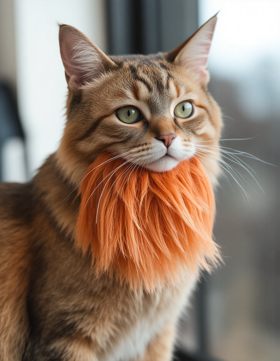 photo of a cat wearing
 a ginger fake beard, Fujifilm XT3