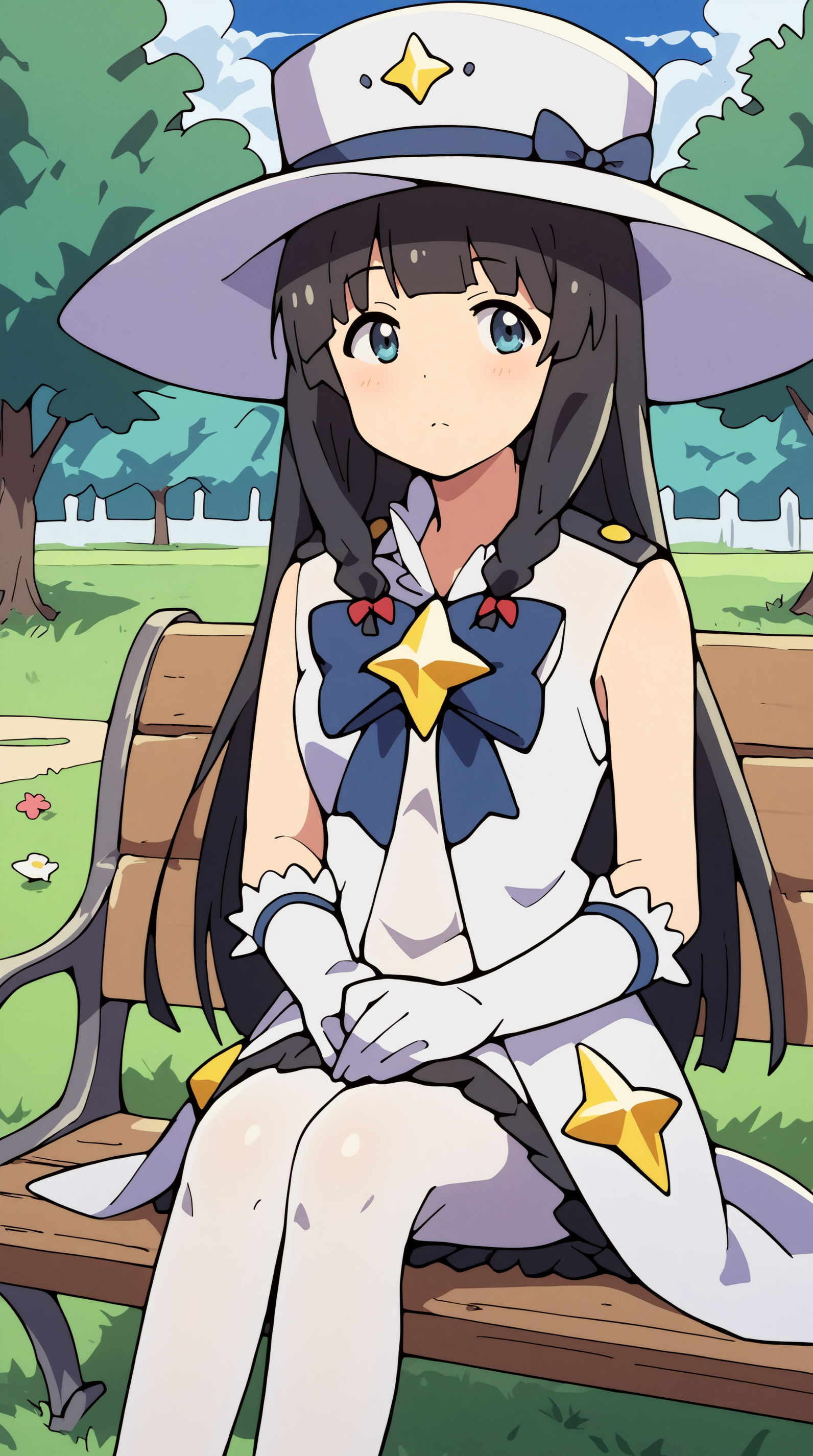 score_9, score_8_up, score_7_up,anime_source, source_anime, best   Itsuki Pleaides, Magical Costume, solo, sitting, bench, outdoors,  <lora:JN_Itsuki_Pleaides_Pony:0.8>