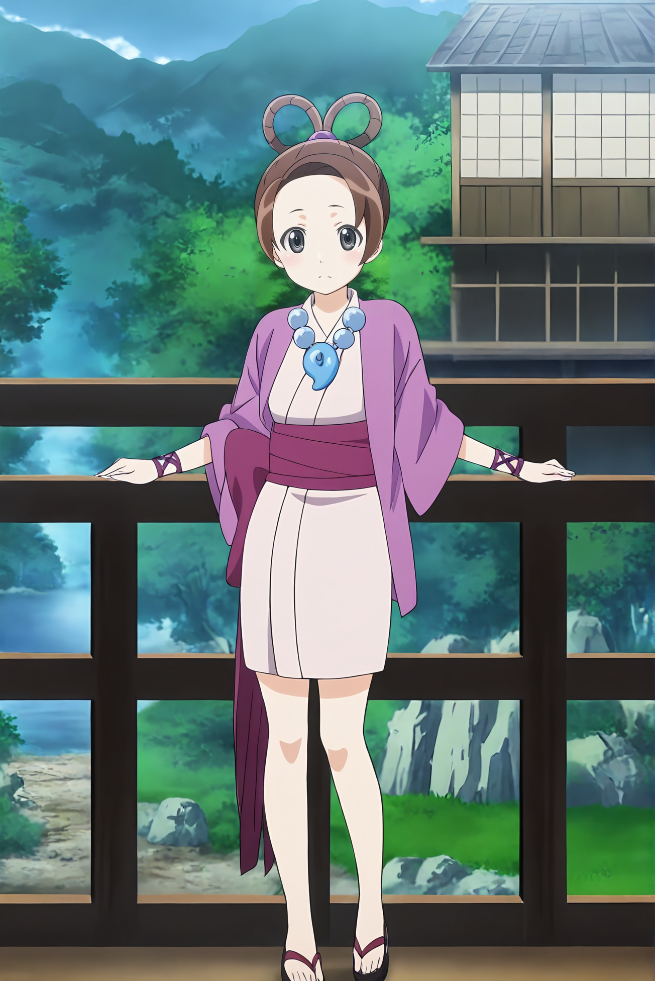 anime screencap,anime coloring,detailed face,masterpiece,best quality,very aesthetic,absurdres,amazing quality,ultra detailed,highres,amazing quality,scenery,beautiful detailed hair,beautiful detailed eyes,official anime artwork,<lora:Pearl Fey-IL V1:1>,Pearl Fey,1girl,japanese clothes,magatama,brown hair,necklace,kimono,jewelry,solo,hair rings,grey eyes,sandals,sleeves pushed up,look,