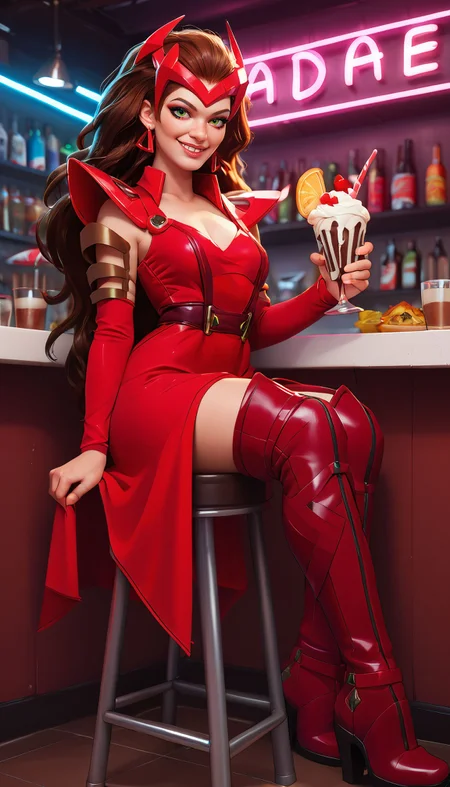 zPDXL3,<lora:LunarCAT_Style:.8>, <lora:WandaMR:.7>,
scrltwtchmr, woman, green eyes,makeup,brown hair,long hair, headpiece,red dress,earrings,shoulder pads, long sleeves, thigh boots, looking at viewer, smiling, sitting, on stool, inside diner, counter, holding milkshake glass, neon lighting,