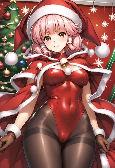 score 9, score 8 up, score 7 up, rating questionable, detailed background, diana silverneil, gloves, hat, red coatsanta, medium breasts, wide hips, pink hair, brown eyes, thighband pantyhose, pantyhose, hood, christmas, brown gloves, pom pom clothes, hair tubes, fur trim, black pantyhose, red leotard, red dress