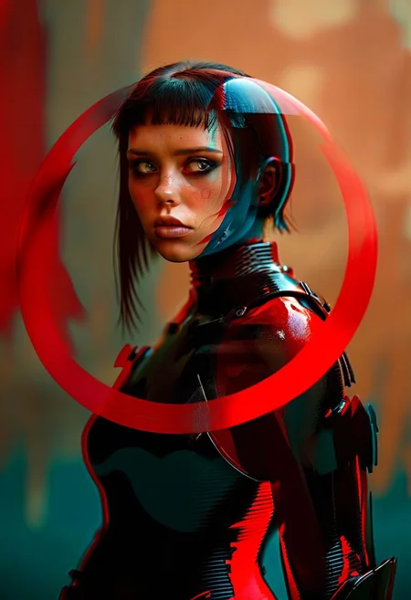 (real life, woman and a mech suit, punching, grim style, dark shadows, red circle:1.2), (a woman looking shocked, caped crusader, dark natural natural colors, HDR, 5mm:1.2), (glitch art by (Hans Feurer:1.1) and (Roe Ethridge:1.2)), (Surrealism style:1.5),