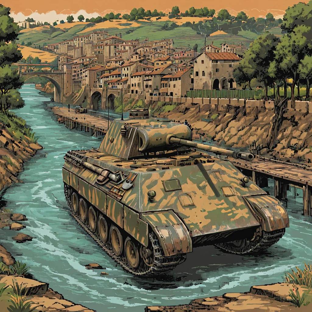 A pnthrtnk tank crosses a temporary bridge over an Italian river, showcasing the tank's deployment in the Mediterranean theater. The picturesque but war-torn Italian countryside stretches out behind, with olive groves and vineyards bearing the scars of the conflict  ((pulp_comic, heavy_lines, hand_drawn, hand_inked, hand_colored, perfect_face, apxlz))