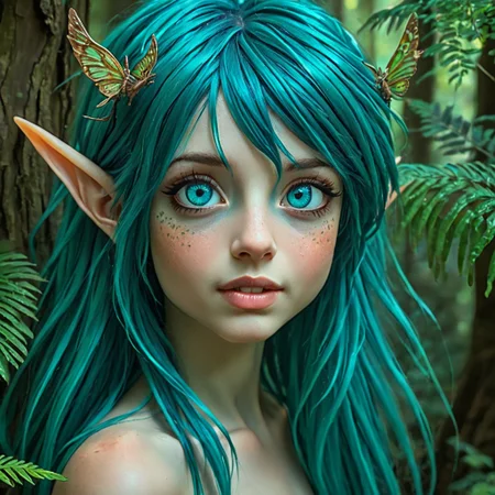 "An upper body photo of a whimsical elven nymph with large, luminous turquoise eyes and vibrant teal hair that cascades down her shoulders. Her delicate face is adorned with tiny freckles, adding to her youthful and enchanting appearance. Small, ethereal butterflies with translucent wings rest in her hair, adding a touch of magic to her look. Her pointed ears peek out from beneath her hair, emphasizing her connection to the forest. The background is a lush, verdant woodland with ferns and ancient trees, bathed in soft, green light, creating a serene and magical atmosphere."