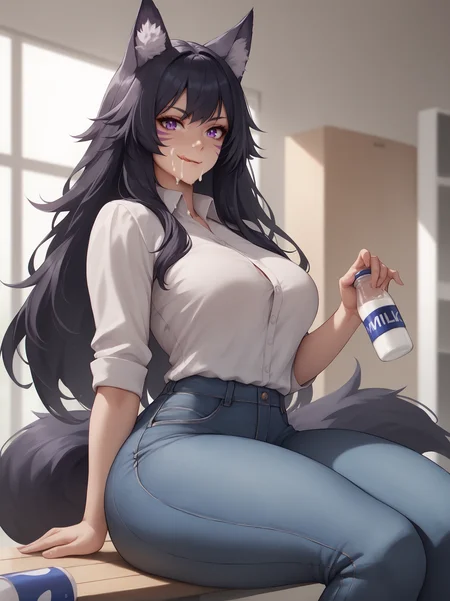 score_9, score_8_up, score_7_up, score_6_up, score_5_up, 1girl, solo, <lora:shadow-delta-ponyxl-lora-nochekaiser:0.4>, delta, long hair, black hair, animal ears, purple eyes, cat ears, animal ear fluff, facial mark, wolf tail, medium breasts, large breasts, thick thighs, (toned:0.3), fang,
casual, dress shirt, cutoff jeans, indoors, open milk bottle, training room, looking at viewer, pursed lips, licking lips, sitting, suggestive fluid, wiping mouth,
