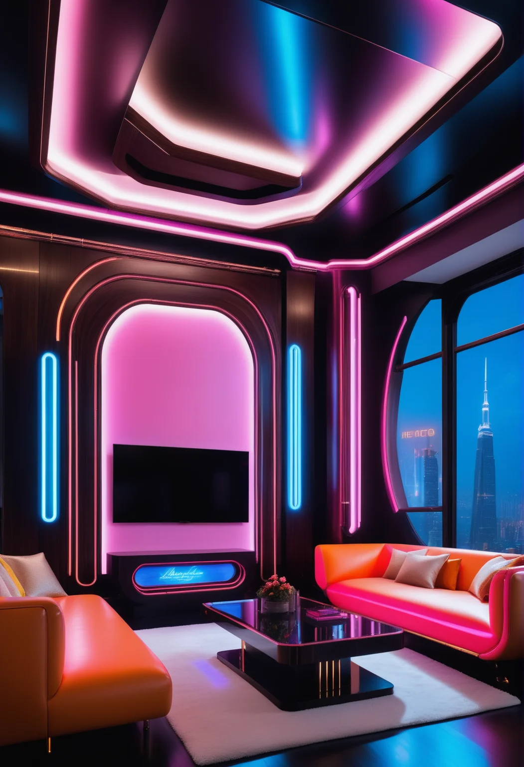 masterpiece, high quality,, a reij living room, neon color and ambient neon light, ebony wood details <lora:reij-neonelegance:0.7>