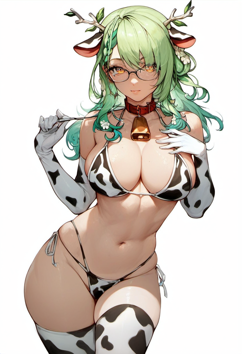 <lora:Ceres_Fauna_for_PonyXL:1>, ceres fauna, cowkini_fauna, looking at viewer, long hair, braid, hair ornament, cleavage, large breasts, simple background, white background, navel, thighhighs, animal ears, cowbell, cow ears, gloves, elbow gloves, glasses, score_9, score_8_up, score_7_up, score_6_up, score_5_up, score_4_up