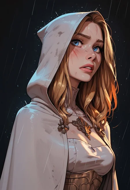 (score_9, score_8_up, score_7_up). (line work, excellent drawing, highest quality, extremely detailed:1.2). solo, 1girl, 24 year old woman, Battle Cleric, saint, vestal, hood, armor, religious, medium breasts, glossy lips, long lashes, blue eyes, blonde hair, innocent, cute face, pale skin, soft skin, scared, determined, injured, slut face, nympho, horseriding skirt, fantasy, dnd, g0thicPXL, romantic, source_cartoon, depth of field, medium distance, cowboy_shot, semirealistic, dynamic angle, side view, in profile, dark background, raining, torn clothes, muddy clothes, pinup pose,