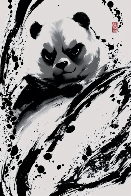 score_9,score_8_up,score_7_up,masterpiece,best quality,
panda,monochrome,solo,greyscale,white background,ink \(medium\),no humans,looking at viewer,
<lora:okazu_XL_PONY:1>,