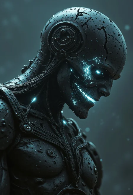 A ghost in the machine, a soldier on the edge of detonation. His face glitches violently, fractured, flickering between agony and cold, mechanical resolve. His eyes burn like ruptured floodlights, neon beams ripping through the oppressive darkness, his mouth an open wound of blinding white. The light devours him from within, cracking through his corroded armor, tearing him apart, pixel by pixel. His body convulses, warping between twisted metal and frenzied static, neon scars pulsing like dying veins of circuitry. The air hums with a sickening distortion, reality warping, his form flickering and collapsing, barely holding on to existence. Glitching shadows stretch unnaturally, his body a broken frame of broken code, seconds from oblivion. Kneeling amidst the ruins of his own disintegrating self, he whispers to the void. The war has ended, but he remains, a dying echo of what once was.