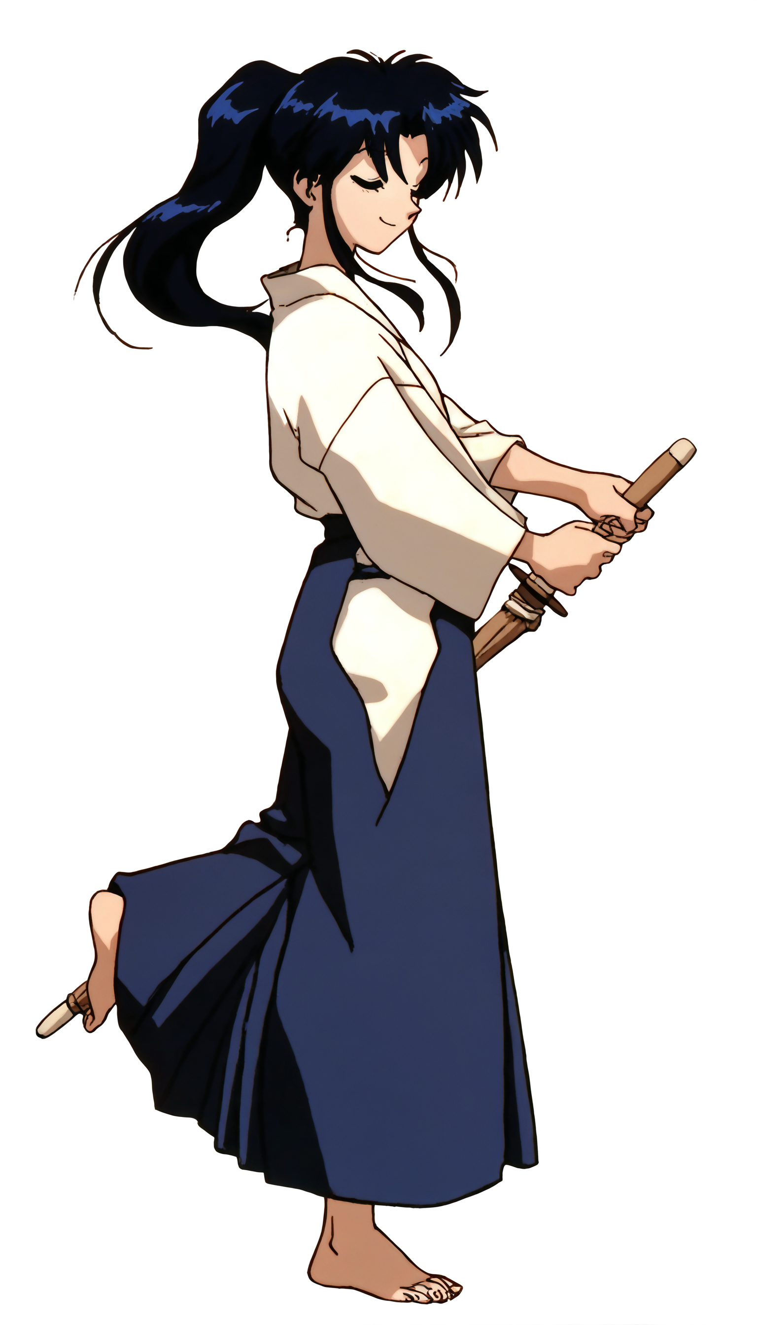 masterpiece,best quality,amazing quality,
<lora:kamiyakaoruNAI:1>,kamiyakaoru,
1girl,solo,black hair,bangs,ponytail,white kimono,purple hakama,barefoot,full body,standing on one leg,from side,closed eyes,smile,holding shinai,swigging shinai,flowing hair,white background,