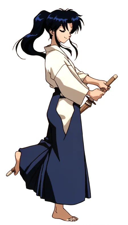 masterpiece,best quality,amazing quality,
<lora:kamiyakaoruNAI:1>,kamiyakaoru,
1girl,solo,black hair,bangs,ponytail,white kimono,purple hakama,barefoot,full body,standing on one leg,from side,closed eyes,smile,holding shinai,swigging shinai,flowing hair,white background,