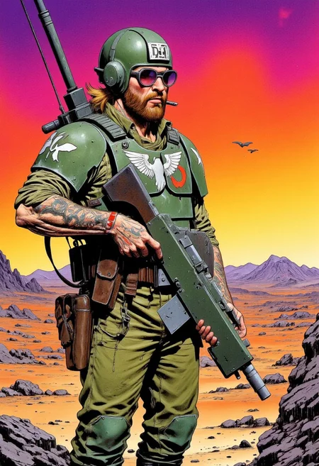 solo, warhammer 40,000, an illustration of member of the imperial guard, body armor, helmet, round sunglasses, lasgun, red-dot sight on top of lasgun, aquila emblem on chestplate, white shoulder markings, ammunition pouches, knife scabbard, wearing grenades, Sleeves rolled up above elbows, mandarin collar, olive drab uniform, kneepads, combat boots, tattooed forearms, full beard, well-groomed, blonde, post-apocalyptic background, desert, in style of comic book, flat colors, Psychedelic Portrait, Colorful, Psychedelic Style, The phrase "Murder Patrol" is hand-painted on his helmet, sunset, volumetric lighting, profile, side-view,