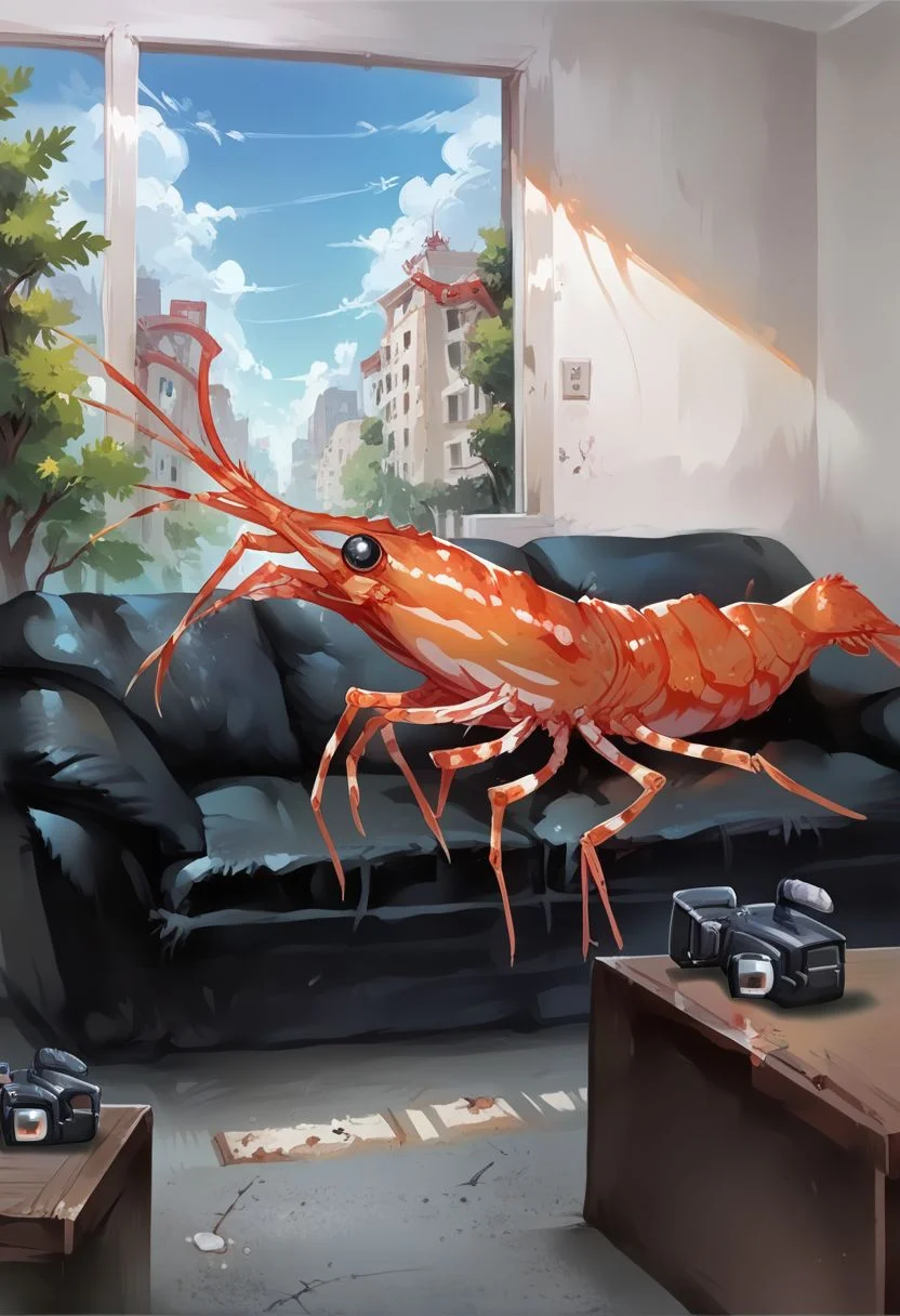 score_9, score_8_up, score_7_up, cute shrimp, casting couch, couch, camera, dynamic pose, hearts, cowboy shot, window, street, city, trees, solo, clouds,