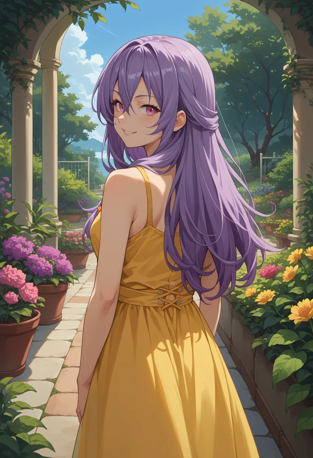 score_9, score_8_up, source_anime, 1girl, solo, TakamatsuShiera, pink eyes, purple hair, long hair, hair between eyes, from behind, yellow sundress, garden, day, sunshine, smile, looking back, <lora:ChamTakamatsuShieraPonyXL:1>