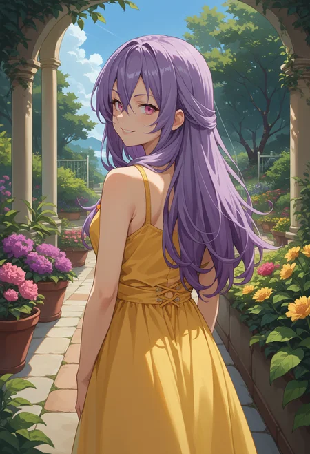 score_9, score_8_up, source_anime, 1girl, solo, TakamatsuShiera, pink eyes, purple hair, long hair, hair between eyes, from behind, yellow sundress, garden, day, sunshine, smile, looking back, <lora:ChamTakamatsuShieraPonyXL:1>