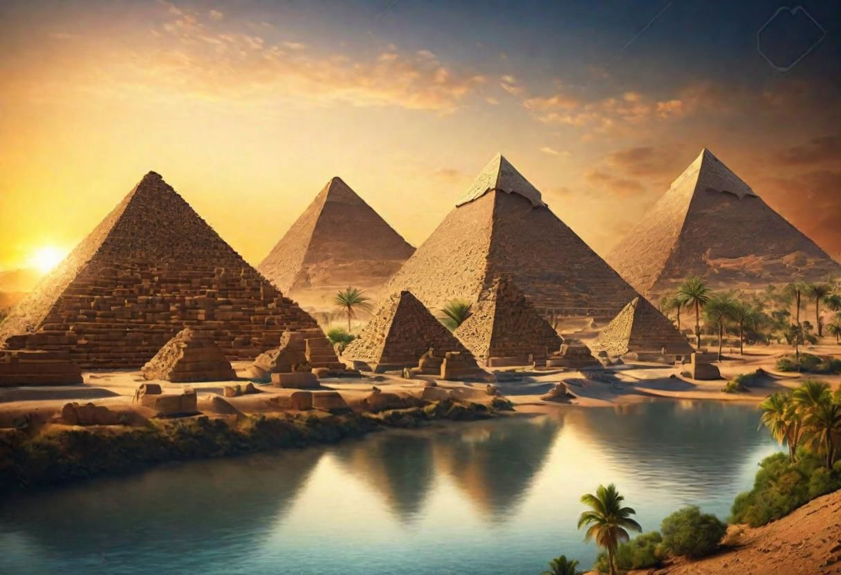HDR,UHD,8K,Highly detailed,realistic,photo-realistic:1.37), pyramids near a river, photo, award winning.sunset