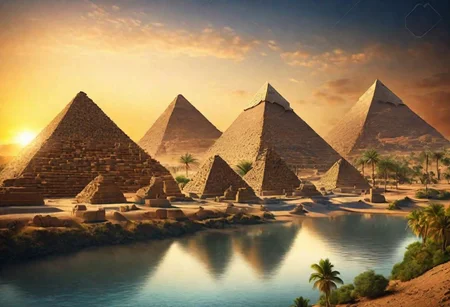 HDR,UHD,8K,Highly detailed,realistic,photo-realistic:1.37), pyramids near a river, photo, award winning.sunset