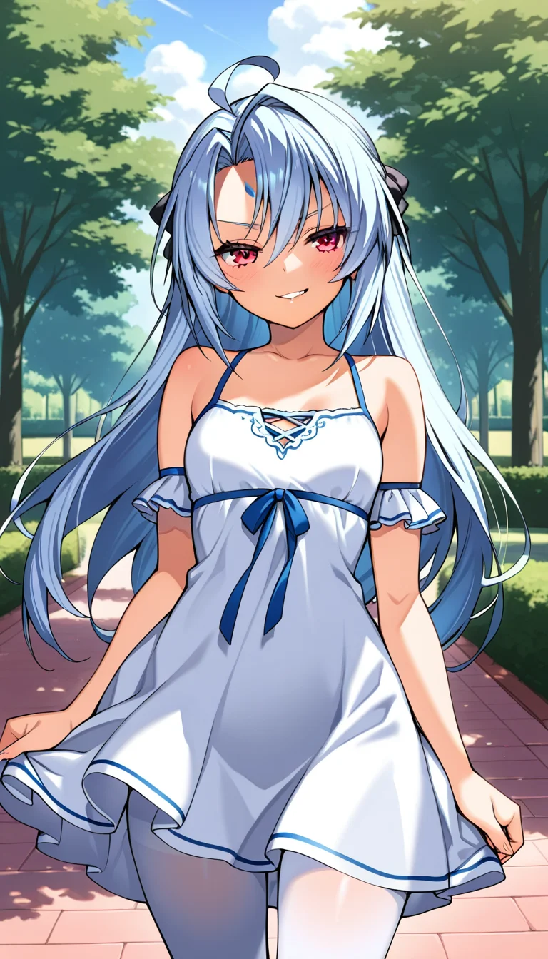 masterpiece, best quality, very aesthetic, absurdres,
solo, 1girl,

Silky Littleraisin,

smirk,

summer dress, detached sleeves, bare shoulders, white tights,

outside, park, 
