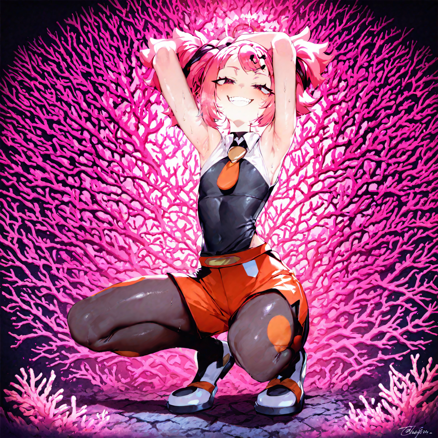 1girl, coral_(pokemon), pokemon_horizons,  rella, rolua,quasarcake:0.7, Fishine, negative space, very awa, toraishi 666:0.8,flanvia:0.9  ,negative space, retro_artstyle,mesugaki ,black_eyes, black_footwear, breast_pocket ,collared_shirt ,  grin , looking_at_viewer ,necktie  orange_necktie,orange_shorts ,pink_hair, pocket ,shirt ,shoes ,shorts, smile ,solo ,teeth ,twintails  ,pantyhose,sweat, in heat, steaming body,flat chest, heavy breathing, naughty face, seductive smile, half-closed eyes, arms on back , arm up, armpits ,squatting , thick thigh,solo,
masterpiece, best quality, Good quality, very aesthetic, absurdres, newest, (Perfect details),
<lora:ponyv5_noobV065S_1_adamW:0.8>, <lora:illustrious_noobai_epsilon_pred_1_best_quality_v1:0.7> ,<lora:illustrious_noobai_epsilon_pred_11_very_aesthetic_v1:0.7> ,<lora:illustrious_noobai_epsilon_pred_1_masterpieces_v1:0.7> , <lora:coralbugXL:0.8>