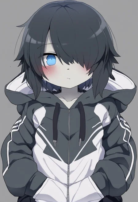 masterpiece, hyper detailed, best quality,(furry:1.3),solo, blue eyes, 1girl, looking at viewer, hood, closed mouth, short hair, grey background, black hair, hair over one eye, jacket ,<lora:DAGASIXLlokr8f-000188:0.95>