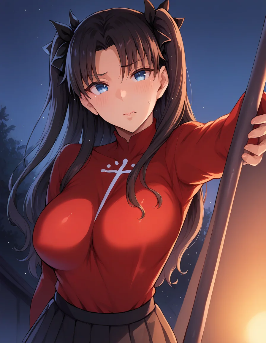 score_9, score_8_up, score_7_up,ken-1,highres, 1girl,  <lora:[pony]ken-1:1>, curvy,large breasts,tohsaka rin, red clothes,black thighhighs,black pleated skirt,  outdoors,,, solo, chiaroscuro,  night, naughty, troubled eyebrows, disappointed,climbing ladder, shiny skin, upper body,