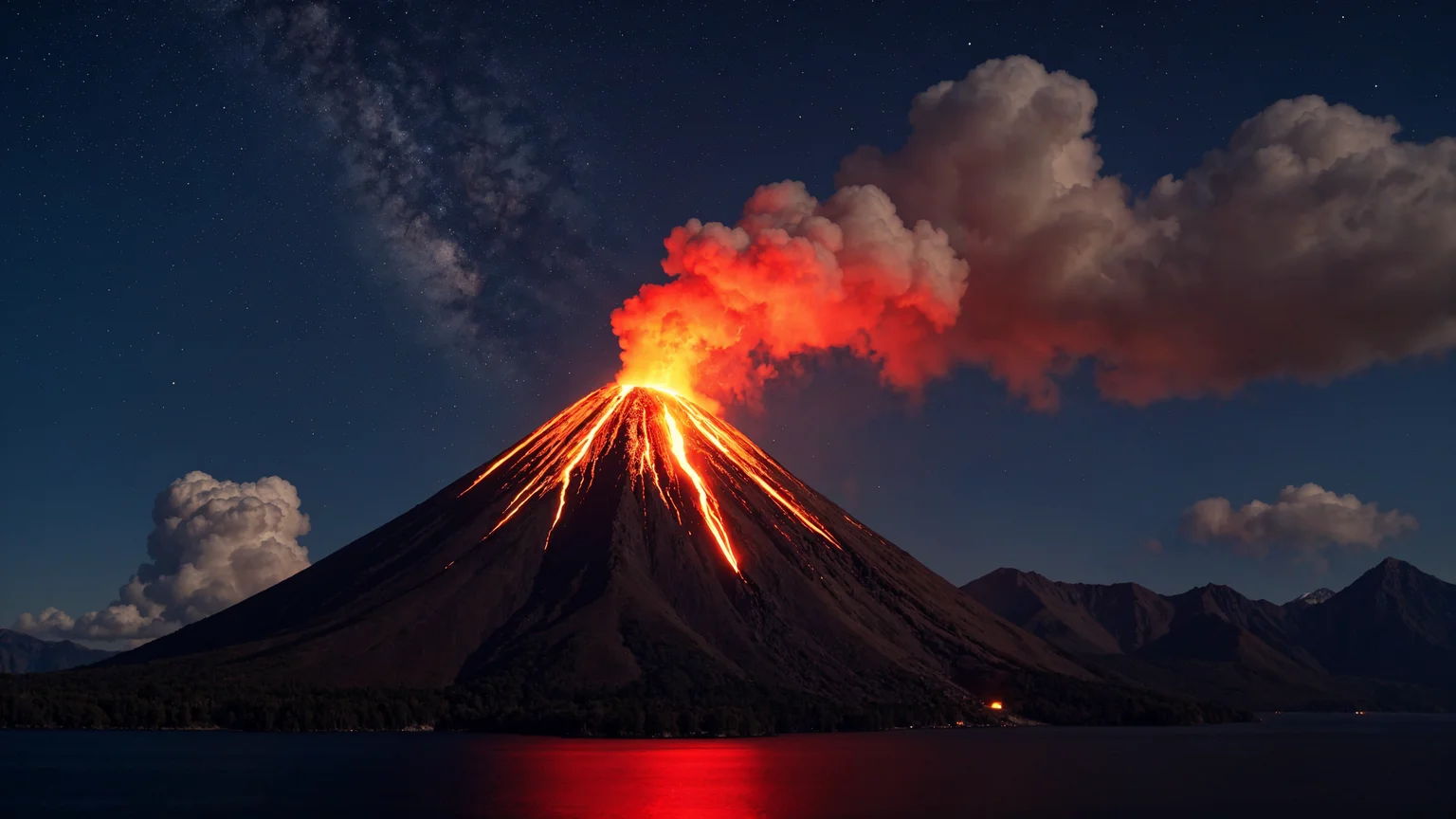 nature photography, a volcano eruption at night, spewing lava, billowing smoke, lava flowing down the side of the volcano. spectacular eruption. cinematic. (milky way)