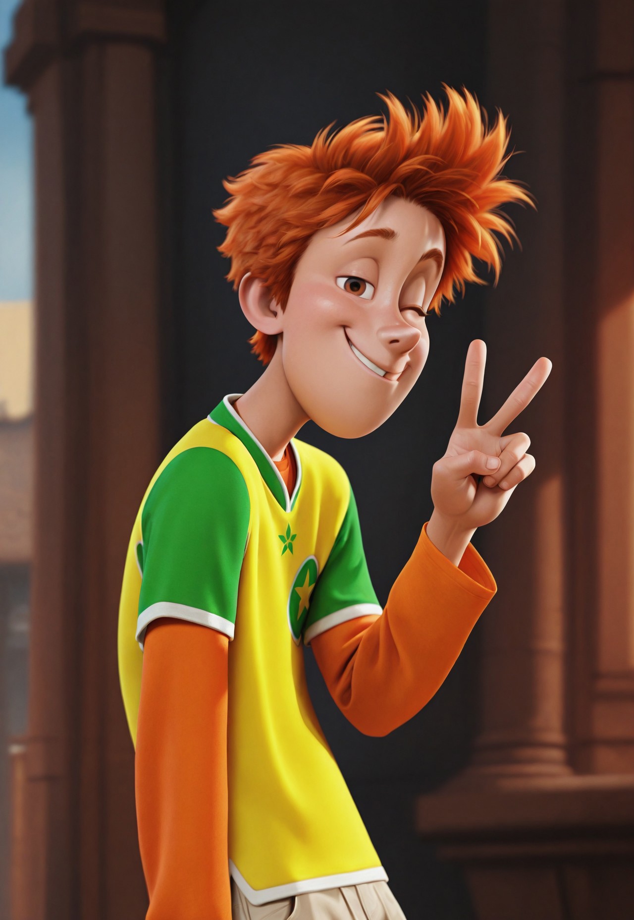 masterpiece, best quality, amazing quality, detailed background, intricate details, dynamic, cinematic, animated, anime realistic shading, solo, male focus, 1boy, handsome, tall, j0hnny, ginger hair, brown eyes, yellow and green t-shirt, orange shirt, light brown cargo shorts, green and blue sneakers, wink, smug, peace sign, abstract background, cowboy shot
