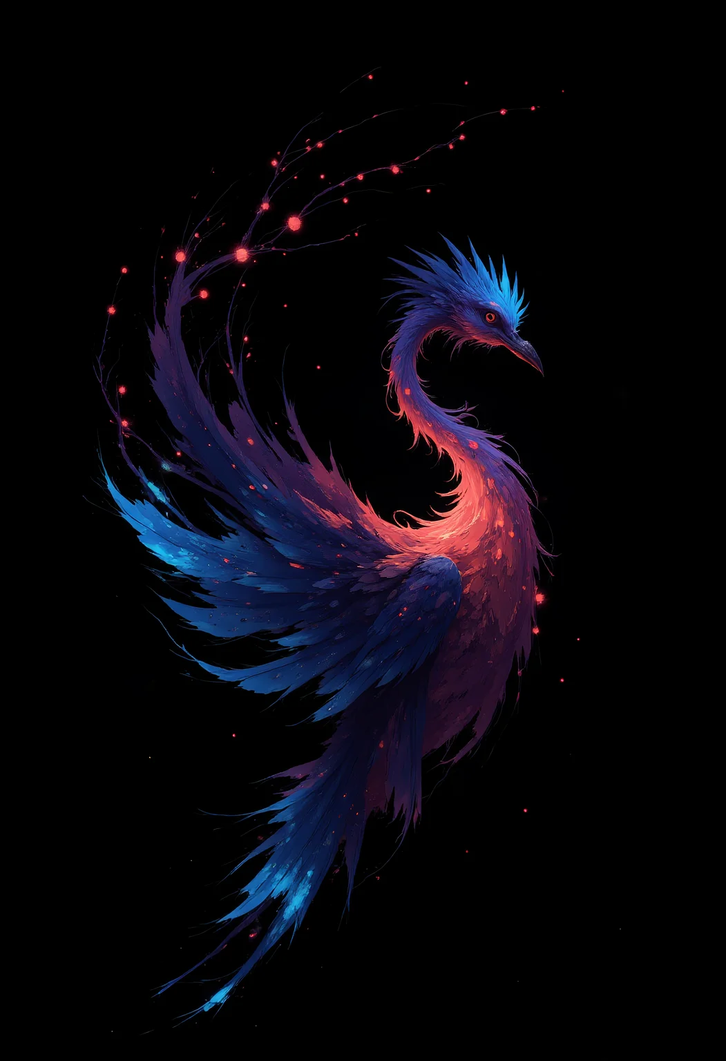 A glowing colorful bird, black background