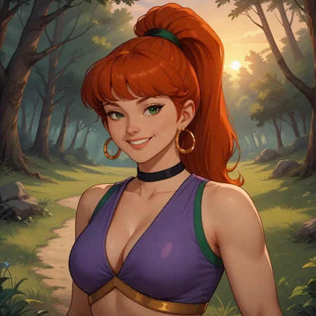 score_9, score_8, BREAK, solo, Jeannie, red hair, high ponytail, hoop earrings, black choker, purple genie outfit with green highlights, midriff, crop top, navel, brown shoes, self portrait, smile, looking at viewer, outdoors, sunlight, shadows, evening lighting, natural lighting, forest, trees, grass, orange sky, sunset