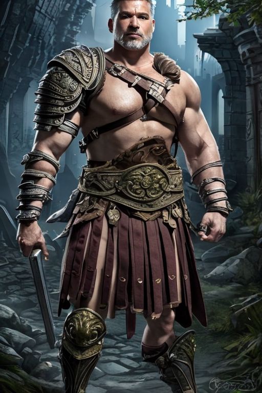 (masterpiece:1.2), (best quality,:1.2), 8k, HDR, ultra detailed, ((photorealistic)), professional light, cinematic lighting, ambient lighting,<lora:detail_slider_v4:1.5>, OverallDetail, 1man, a male! roman gladiator, <lora:Gladiator-10:0.65>, bracers, belt, shoulder armor, intricate (breastplate), cowboy shot, dynamic pose, in sinister ruins in a dark forest, FanRu <lora:FantasyRuins-10:0.7>, epiCPhoto