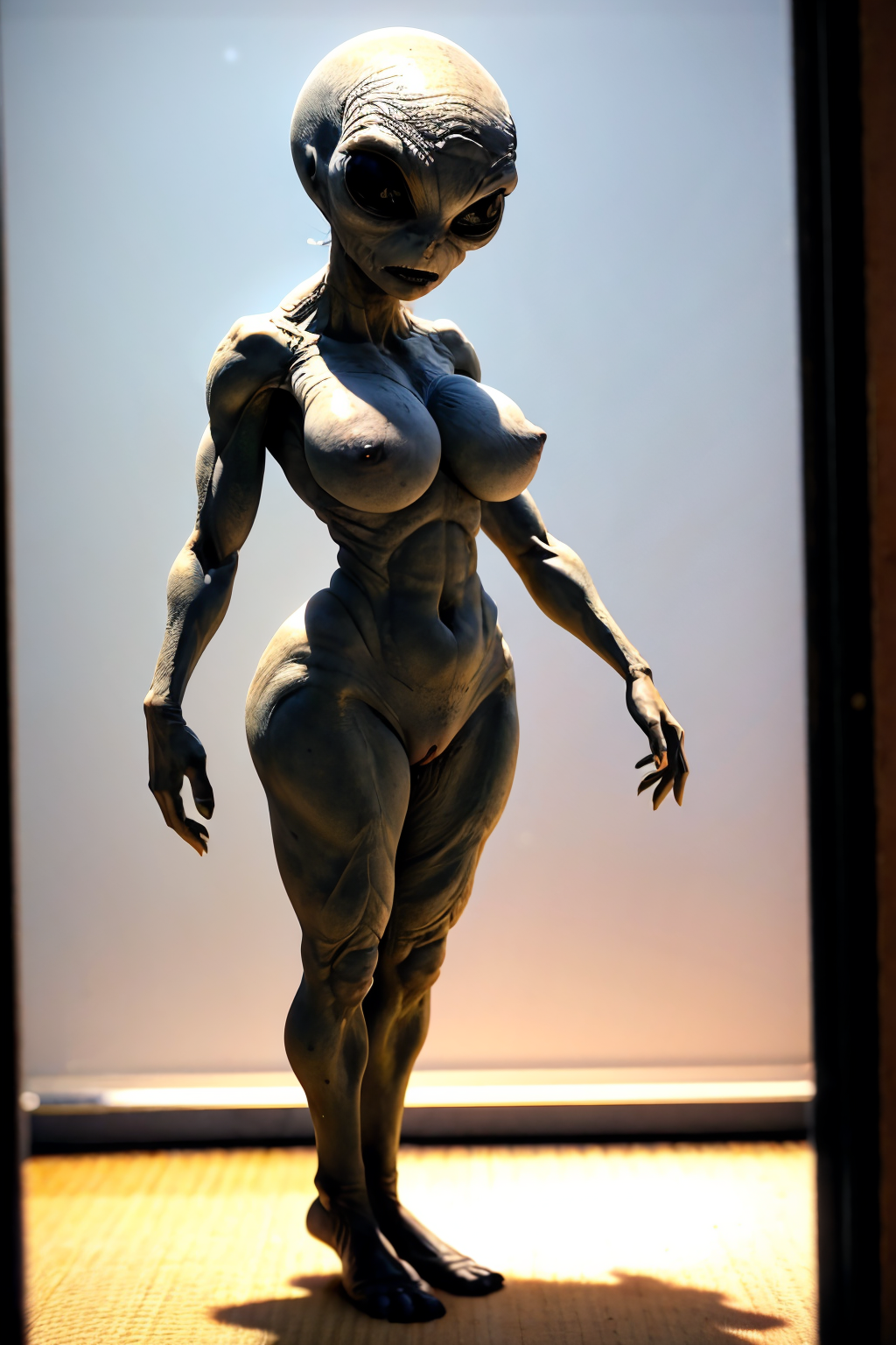 full body shot (Realisitc:1.5) alien woman, big breasts, big dark pointy nipples <lora:EdobAlienFemale_v1.0:0.8>